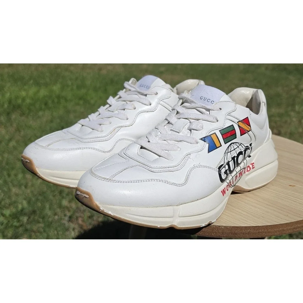 Gucci Rhyton Worldwide White Leather Men's Sneakers Logo Print, men's 9